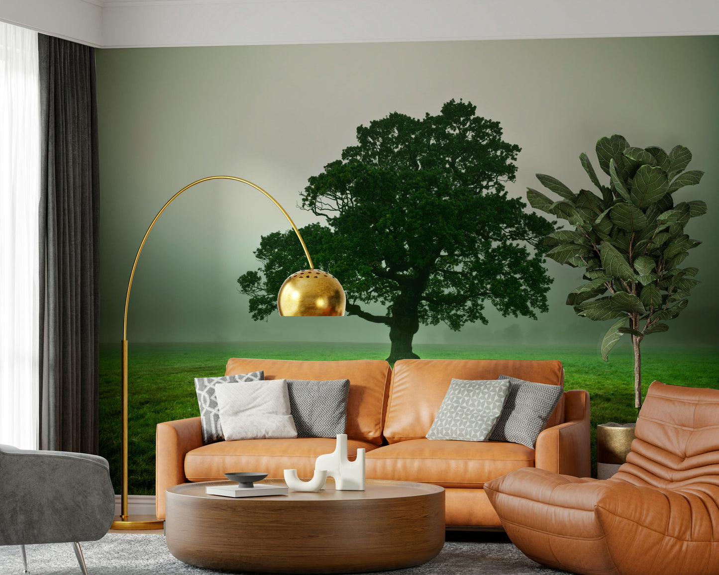 Nature Ethereal Presence bedroom wallpaper green field misty backdrop.