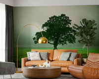 Nature Ethereal Presence bedroom wallpaper green field misty backdrop.