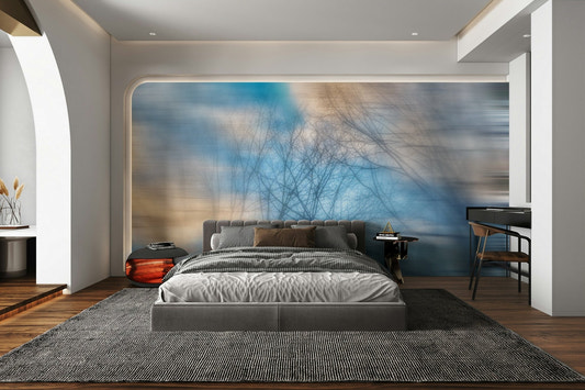 Ethereal Sky Abstract Art Print - Soft Blurred Branches in Tranquil Blue Wall Mural.

