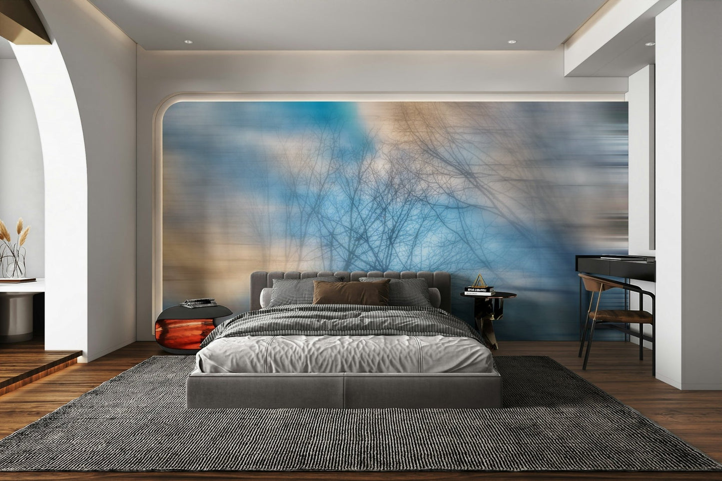Ethereal Sky Abstract Art Print - Soft Blurred Branches in Tranquil Blue Wall Mural.

