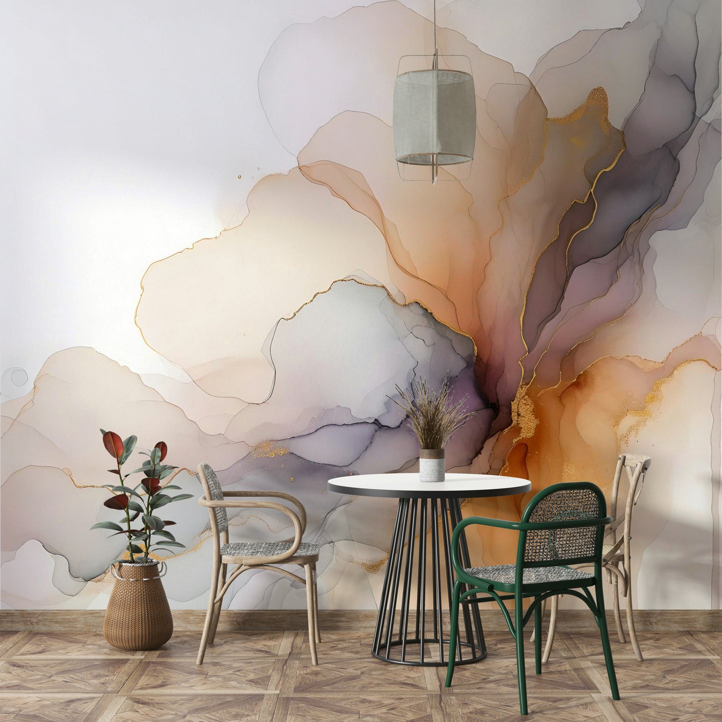 Modern study with a smoky grey wall mural providing a calm backdrop.