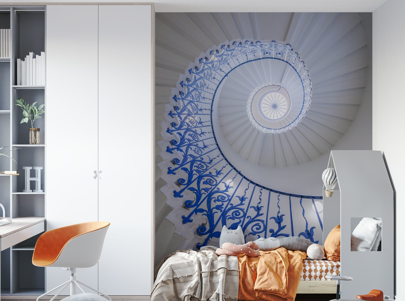 Blue railing staircase wall art

