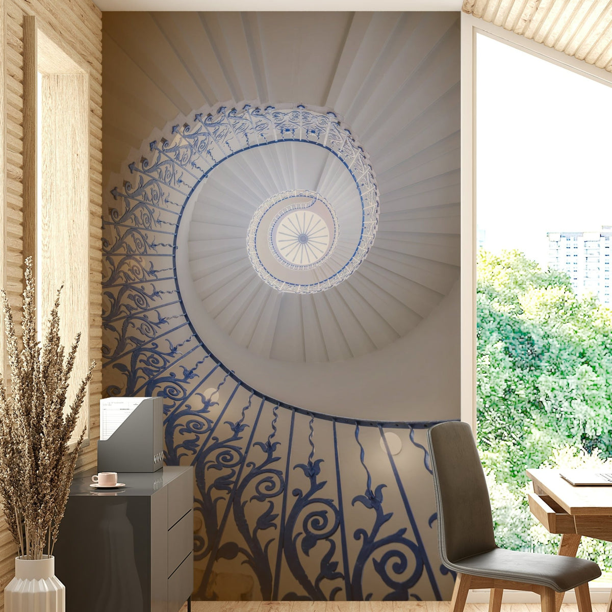 Spiral staircase mural upward view

