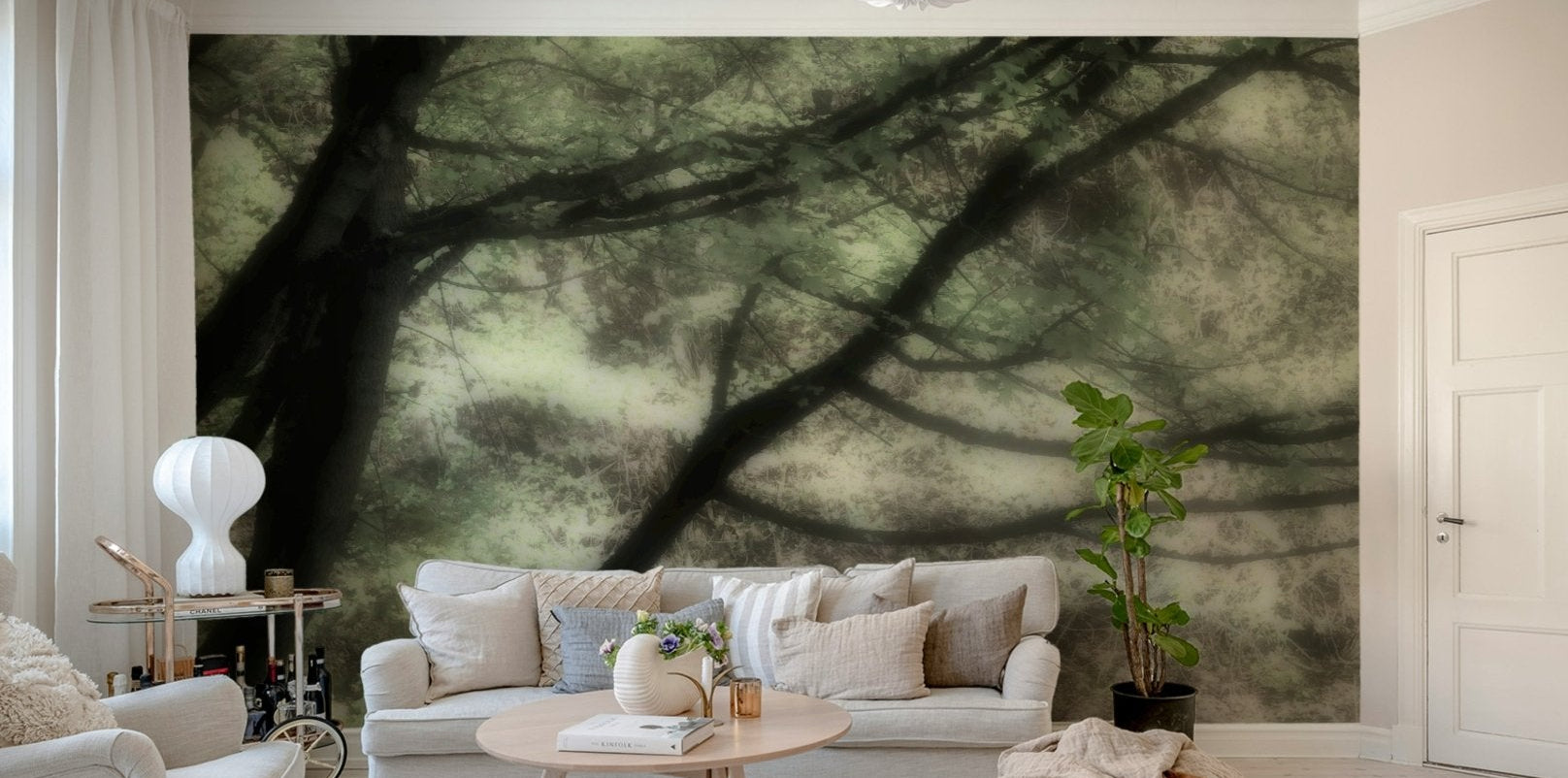 Soft green tree mural wallpaper
