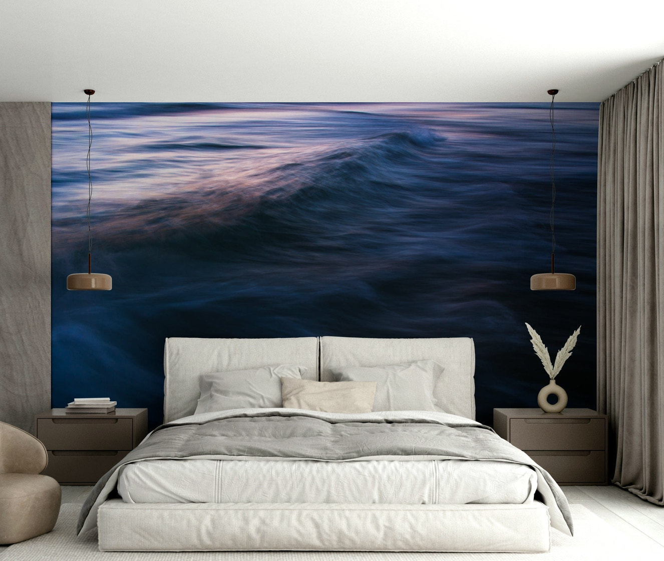 A graceful subtle pattern wall mural in cool, natural tones.

