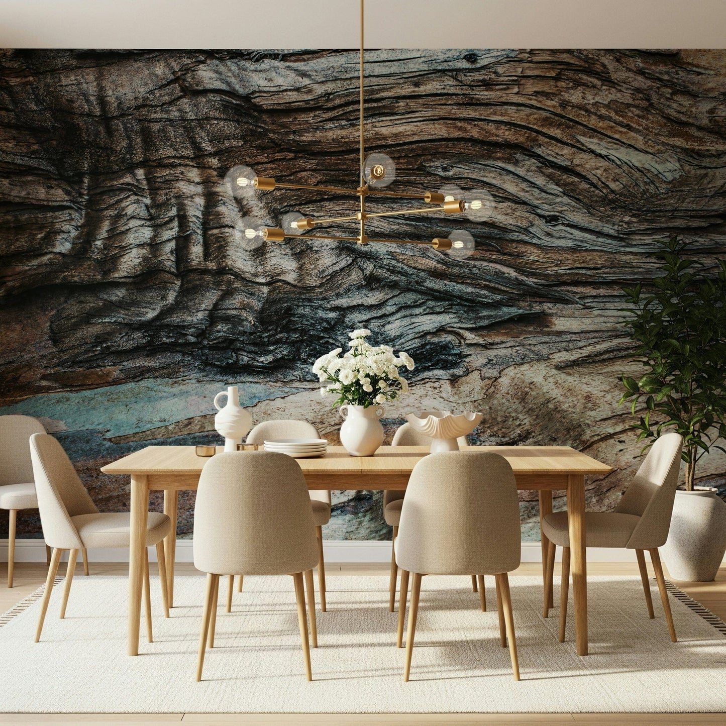 Textured wall mural showcasing the layered textures of eucalyptus tree bark for organic and calming décor.