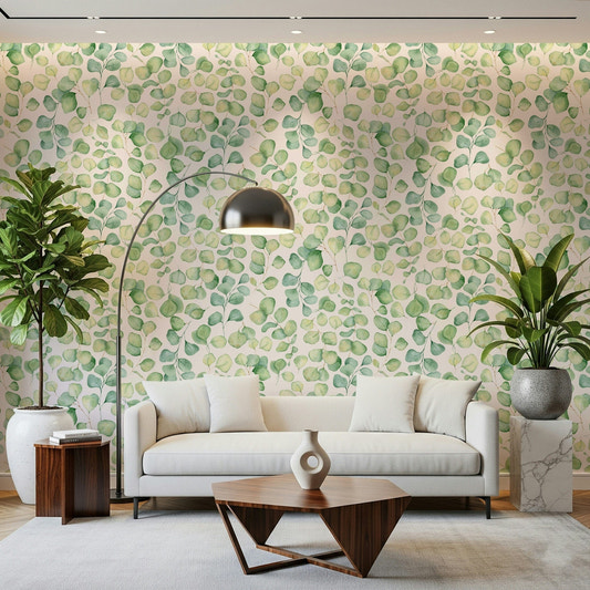 Soft sage botanical wallpaper in an apartment bedroom with neutral bedding.