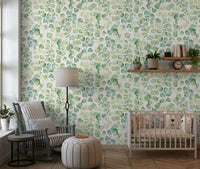 Eucalyptus Dream Garden Wallpaper in a bright living room with modern wood furniture.