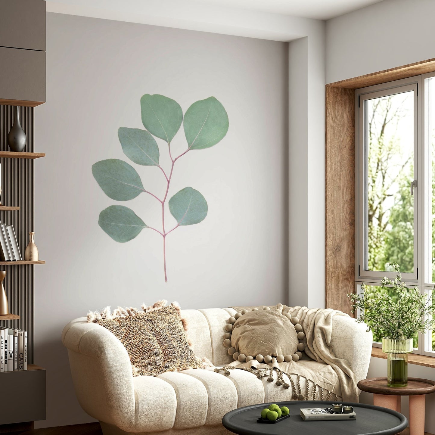Elegant wall mural with eucalyptus leaves for a serene vibe.

