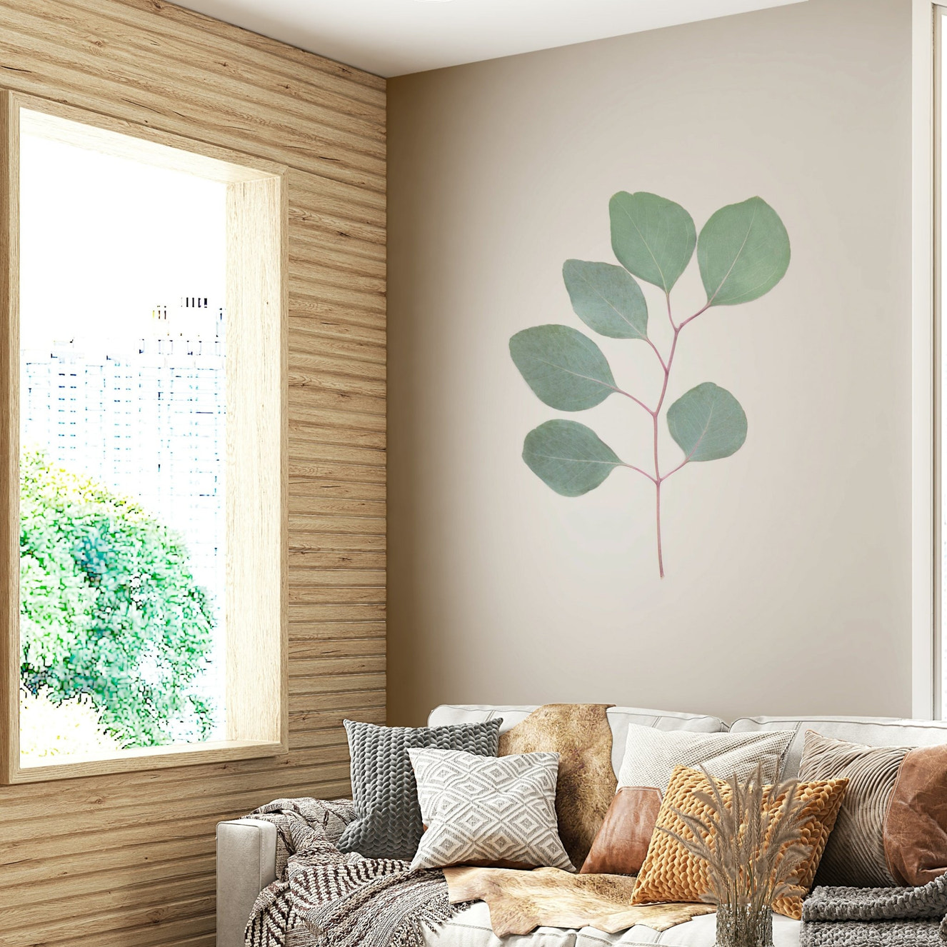 Soft eucalyptus wall mural bringing nature indoors.

