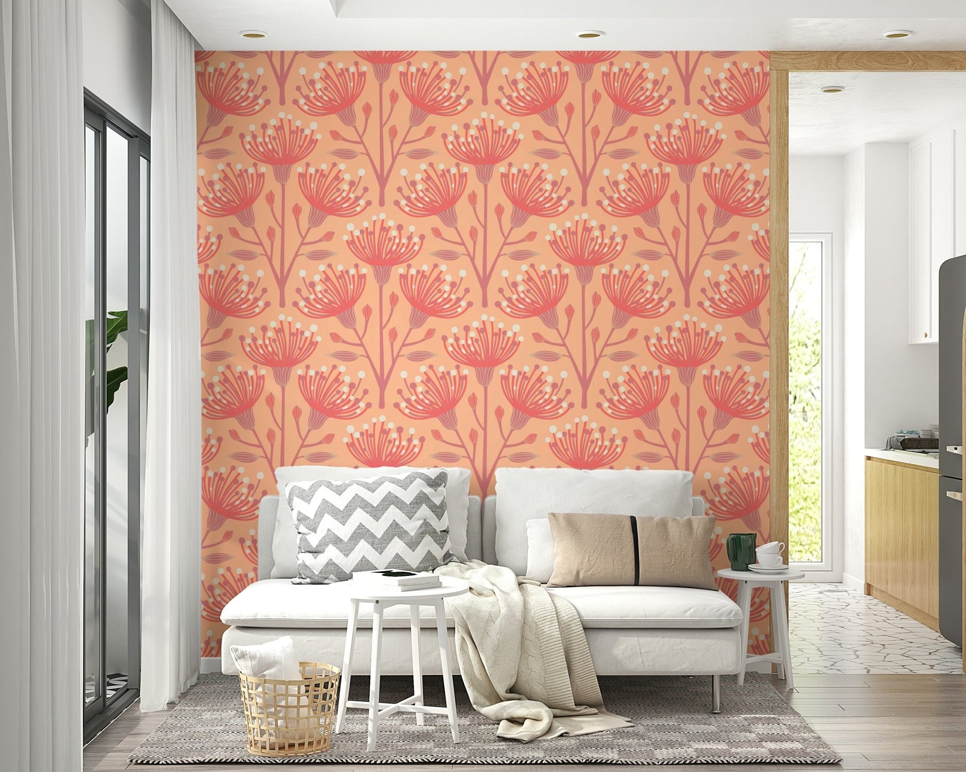 Light floral mural with soft green
