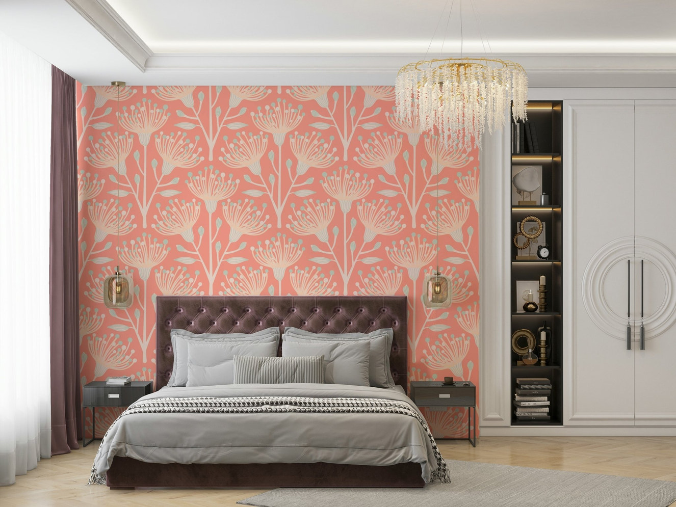 Eucalyptus Floral Botanical Cottage Blush on Apricot Orange Wallpaper.

