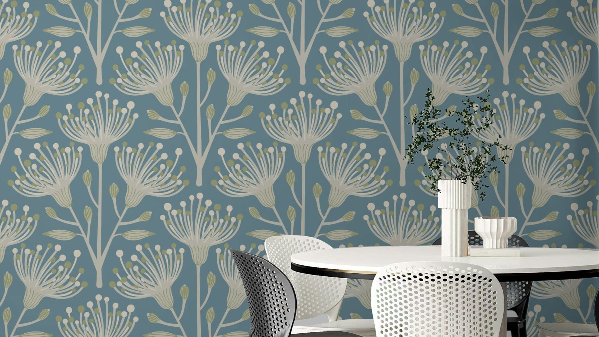 The image shows a peaceful, natural scene with a eucalyptus and floral pattern.

