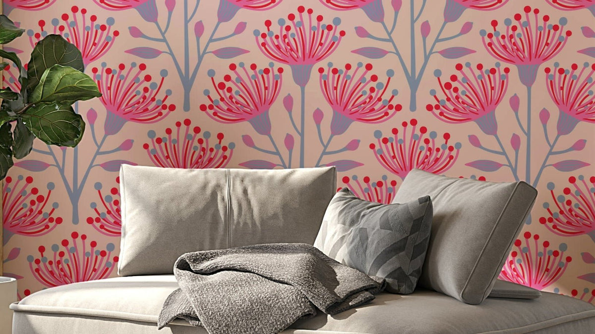 Eucalyptus Floral Botanical Lavender Red Fuchsia Pink Wallpaper.

