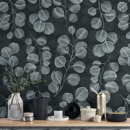 Eucalyptus Gray Leaves wallpaper mural shown as a full feature wall that highlights the design