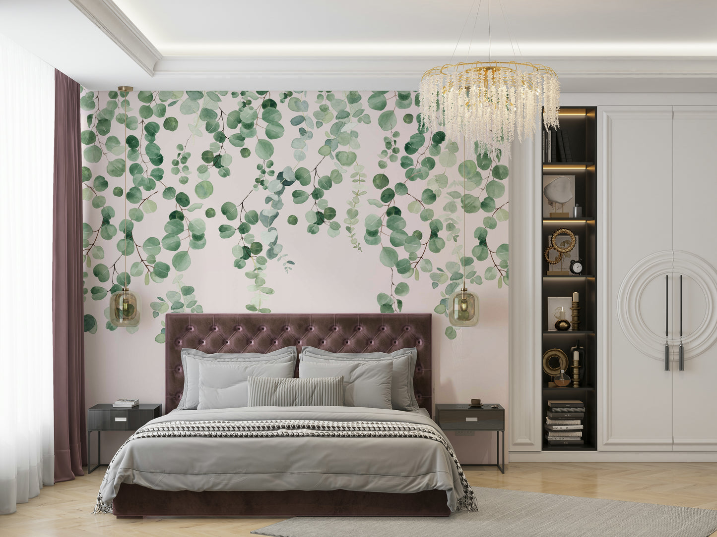 Trendy pink and green eucalyptus botanical art

