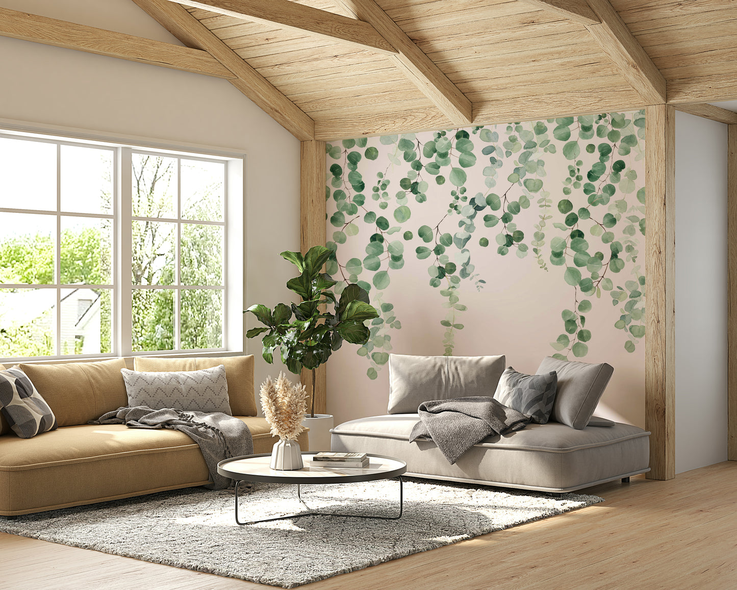 Calming eucalyptus wall mural with pastel shades


