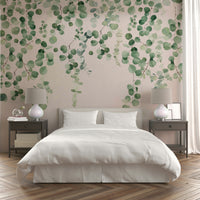 Watercolor-style eucalyptus mural in soft hues

