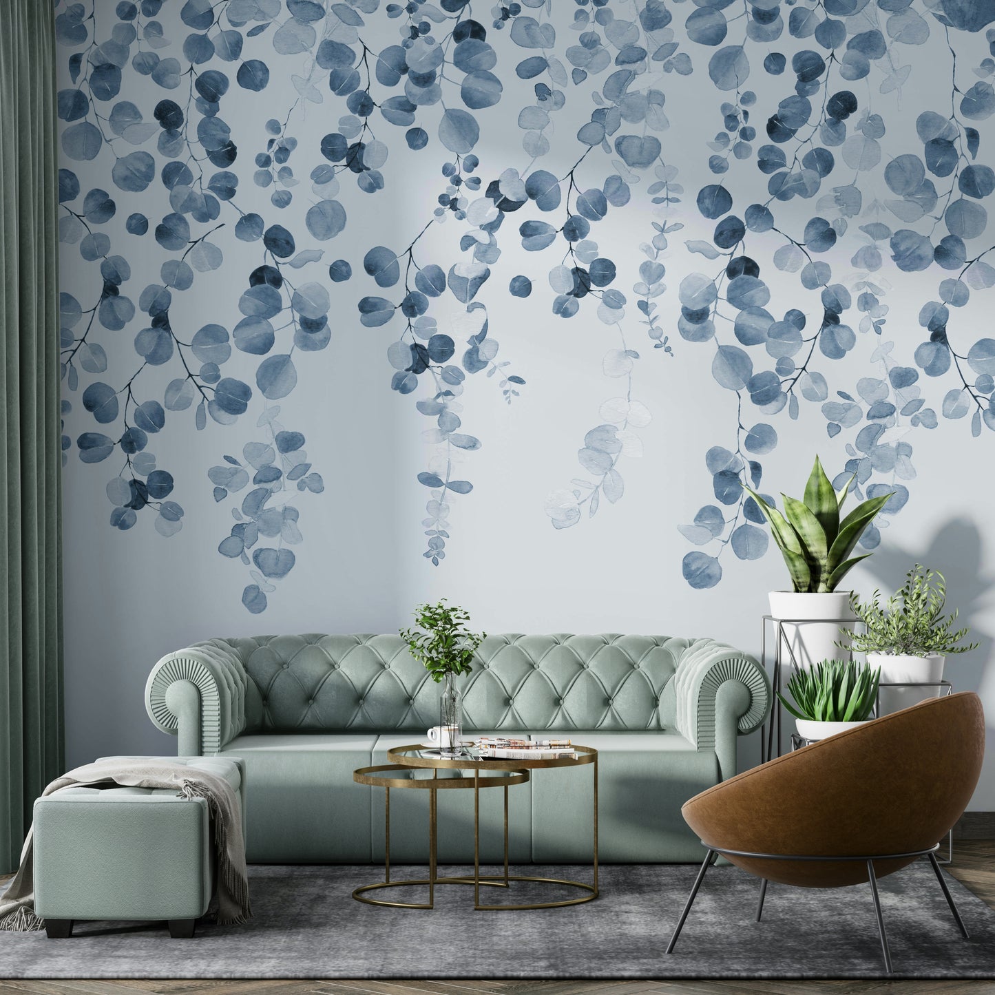 Eucalyptus print in blue wall design

