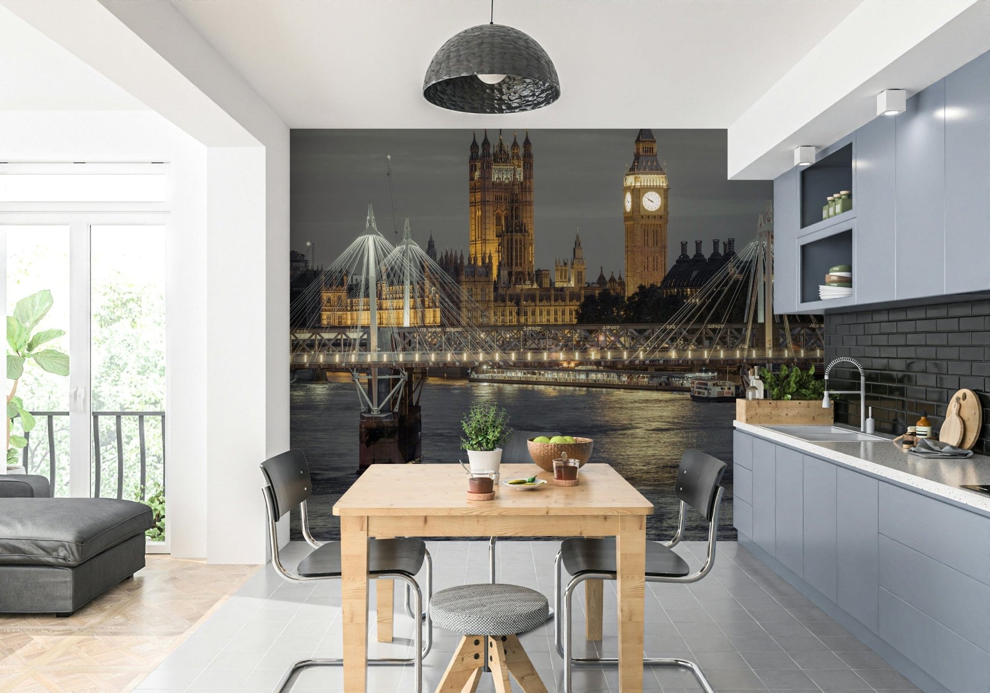 Mural with a lit-up Big Ben clock face.


