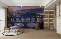 Serene evening scene of Vltava bridges in Prague mural

