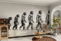 The scene includes early hominids, Neanderthals, and Homo sapiens.

