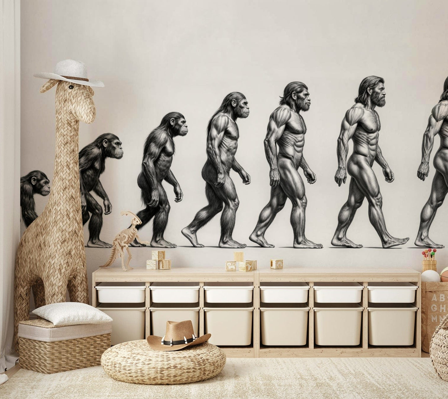 The design features figures in a line, showing stages of human development.

