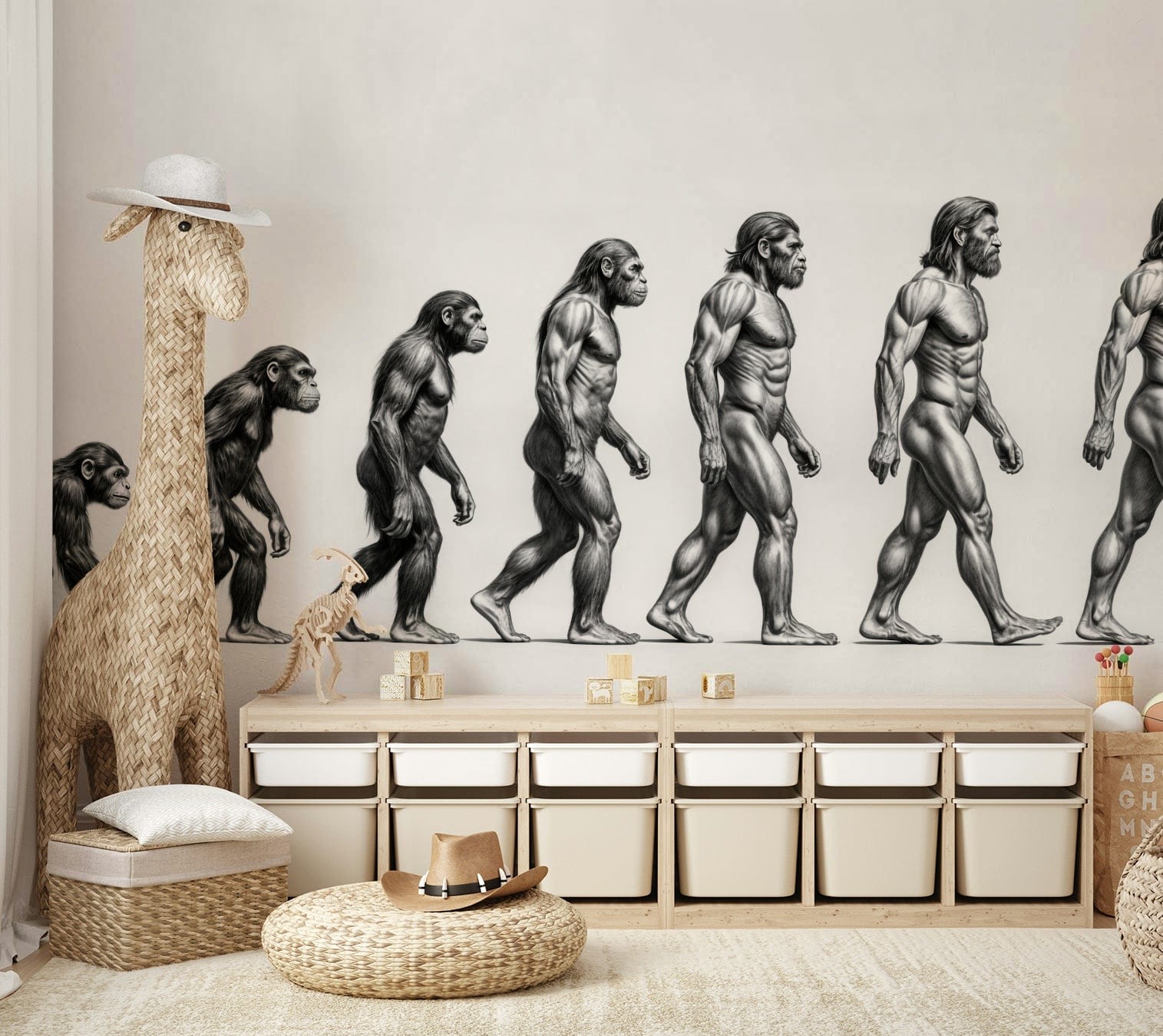 The design features figures in a line, showing stages of human development.

