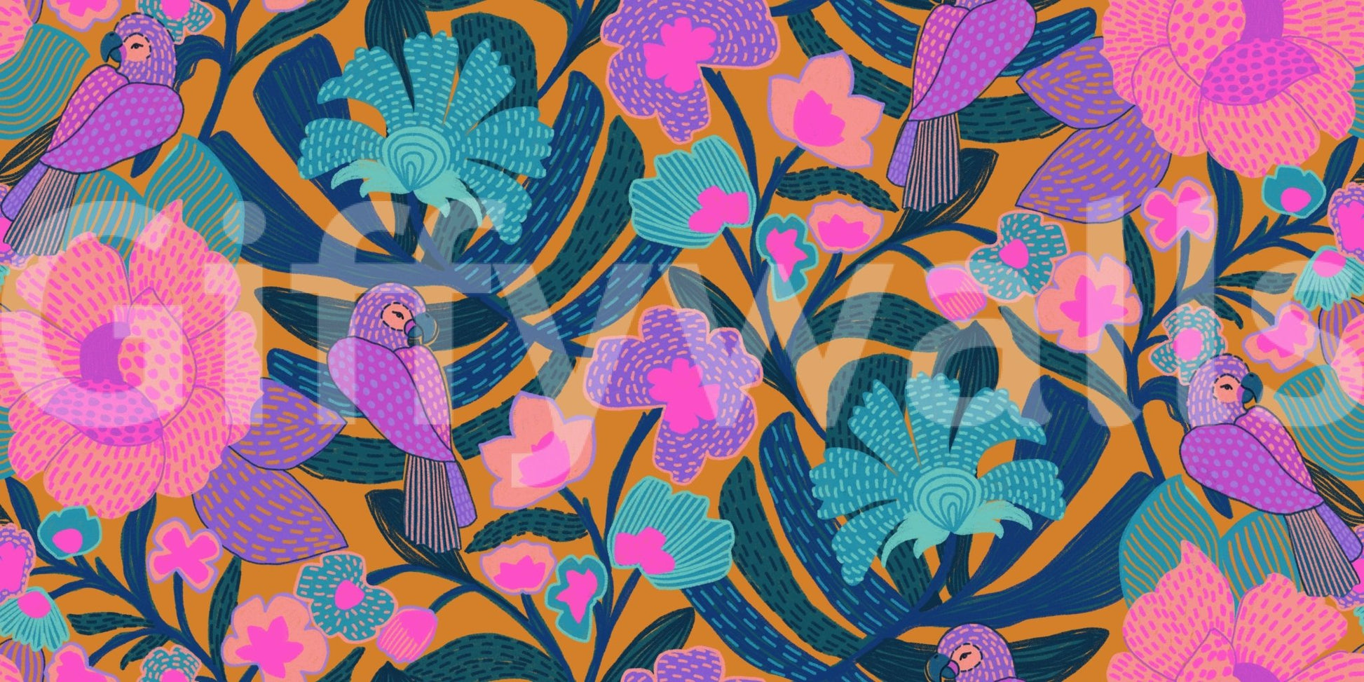 Exotic Bloom close-up showing the pattern detail of purple parrots and pink flowers on ochre and navy