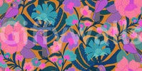 Exotic Bloom close-up showing the pattern detail of purple parrots and pink flowers on ochre and navy