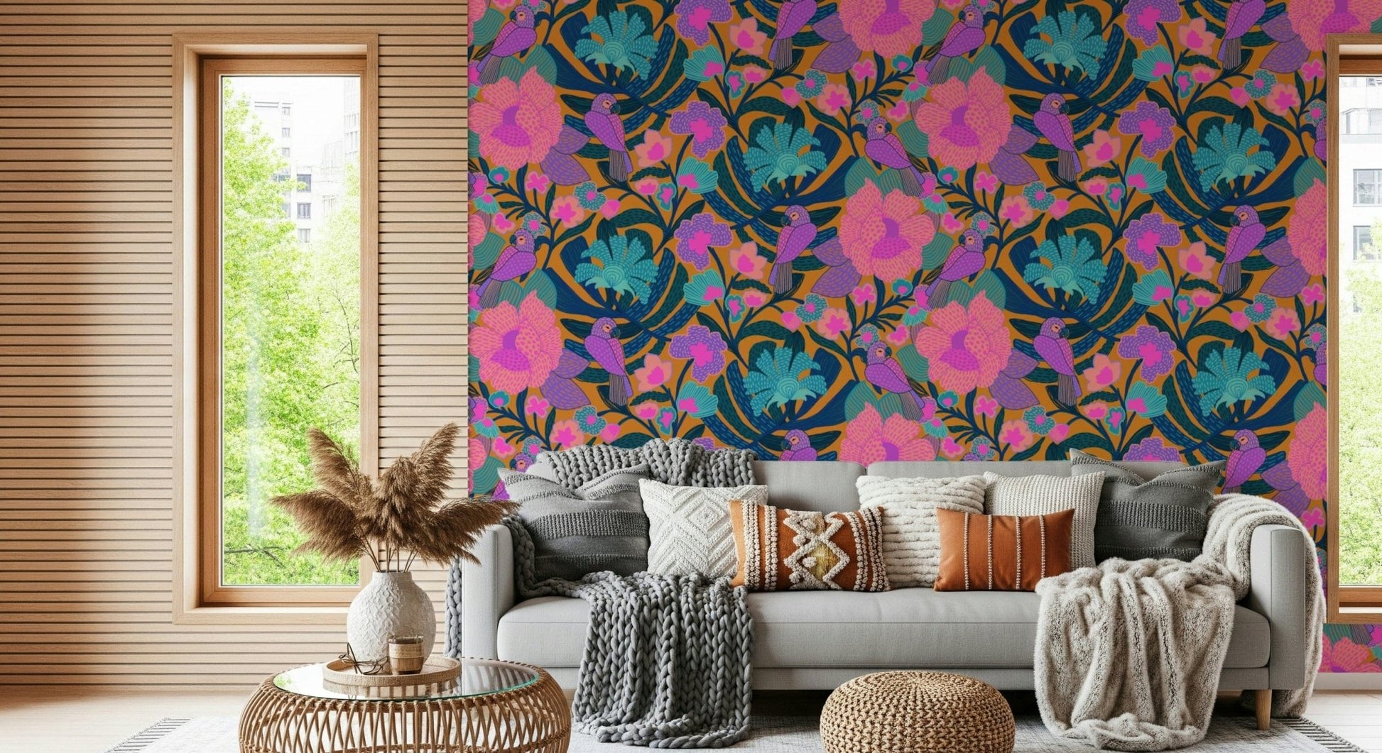 Exotic Bloom wallpaper behind a grey sofa with knit and rust pillows and pampas grass by a wood-slat window