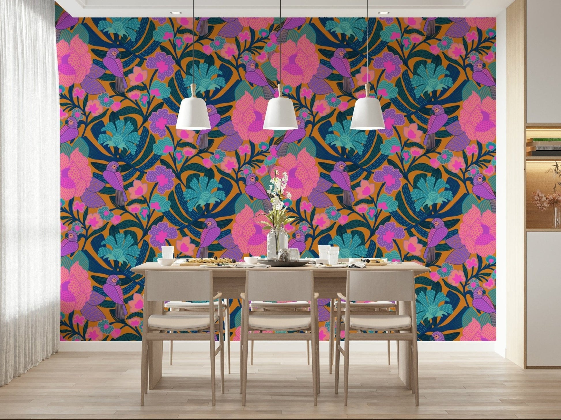 Exotic Bloom wallpaper behind a light wood dining table and chairs under three white dome pendant lamps