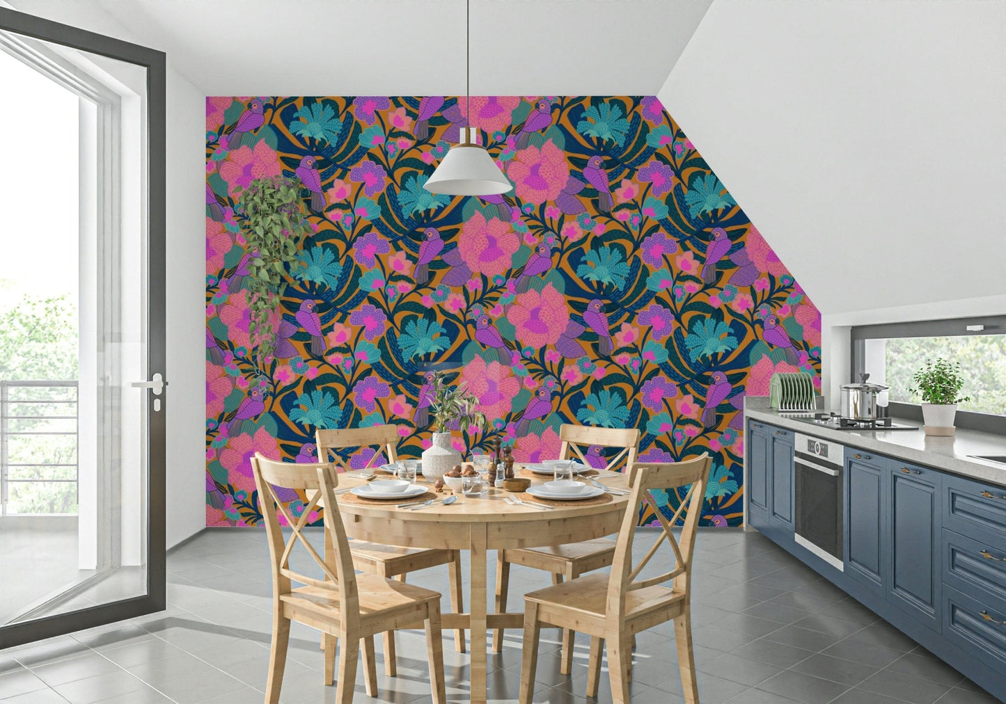 Exotic Bloom wallpaper in a kitchen dining nook with a wood round table, X-back chairs and trailing plant