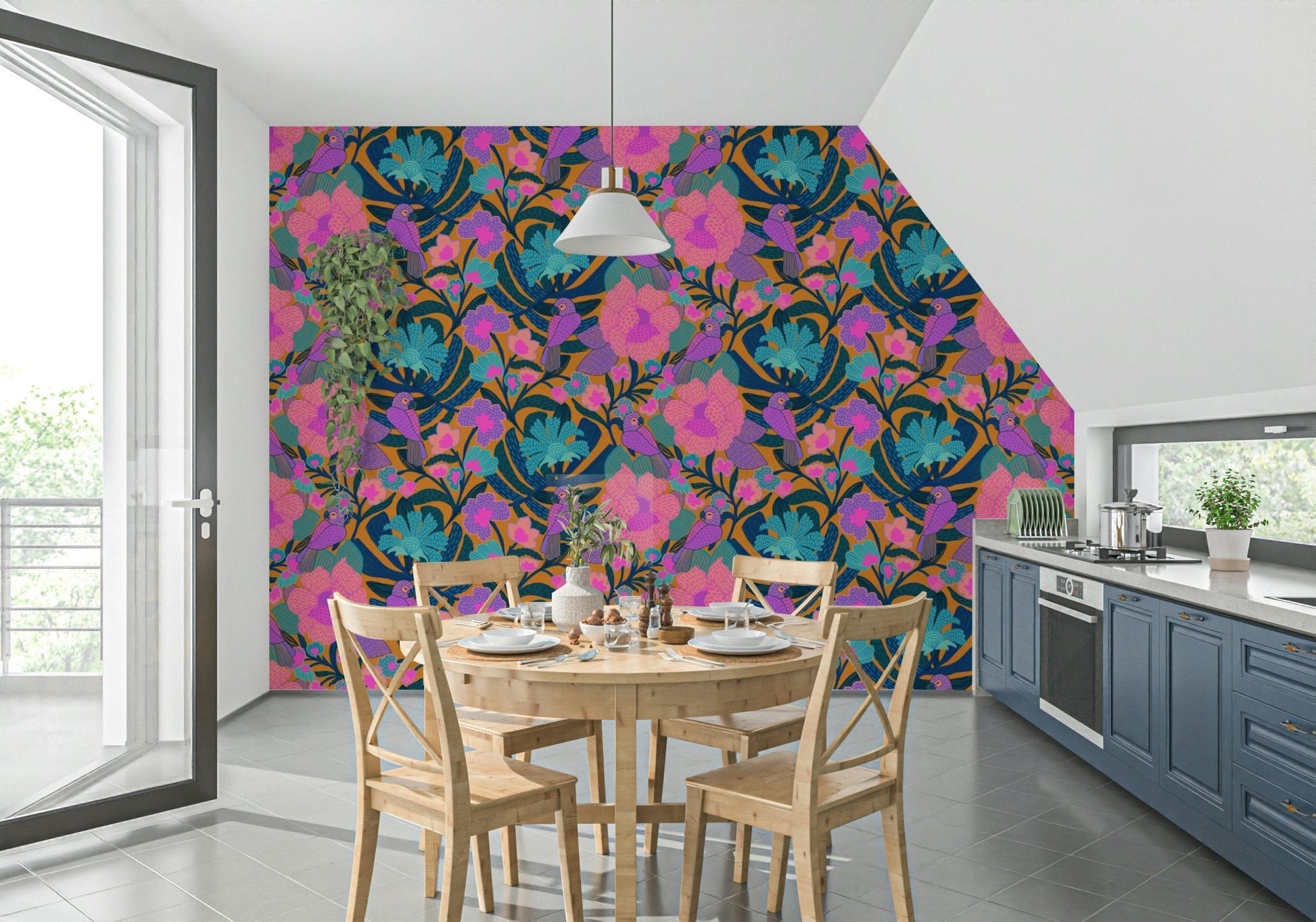 Exotic Bloom wallpaper in a kitchen dining nook with a wood round table, X-back chairs and trailing plant