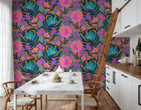 Exotic Bloom wallpaper in a kitchen dining nook with a white marble table, wishbone chairs and library ladder