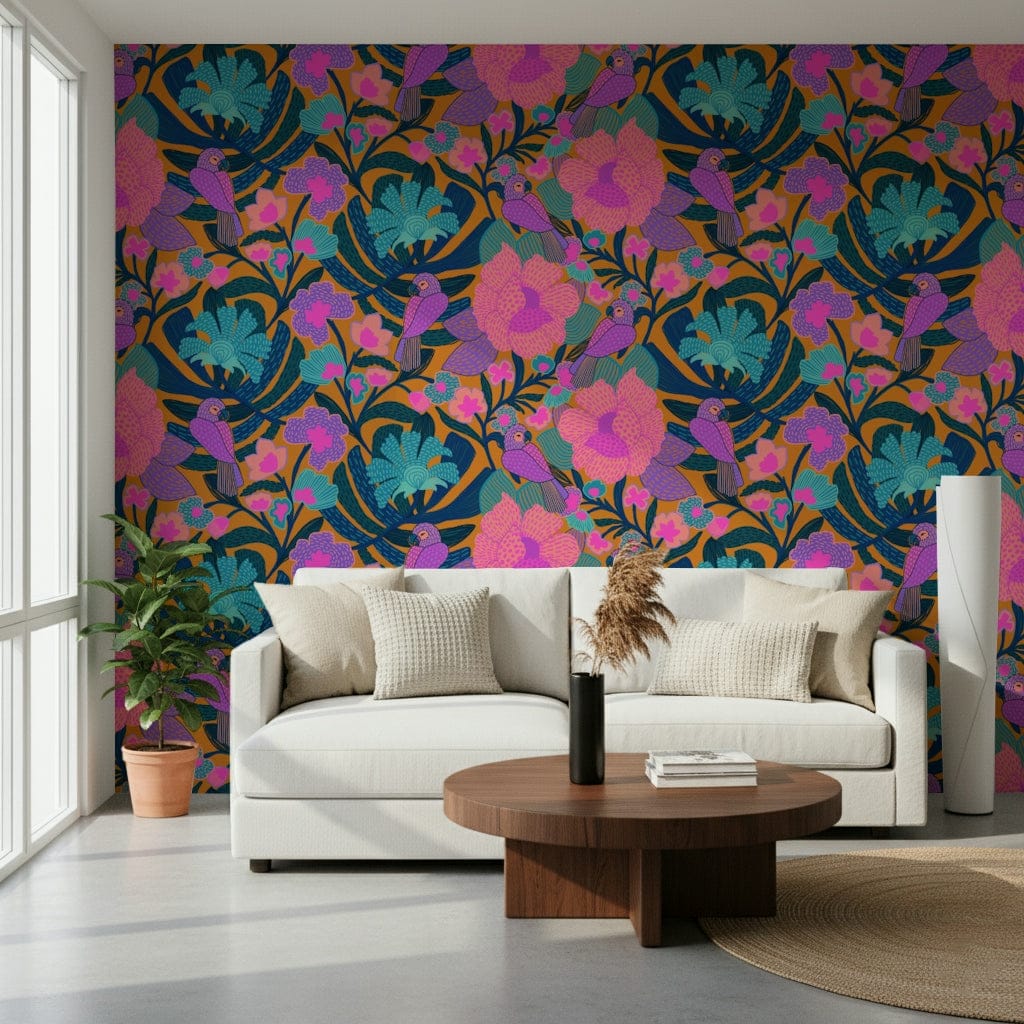 Exotic Bloom wallpaper with a white sofa, round walnut table and pampas grass on a concrete floor
