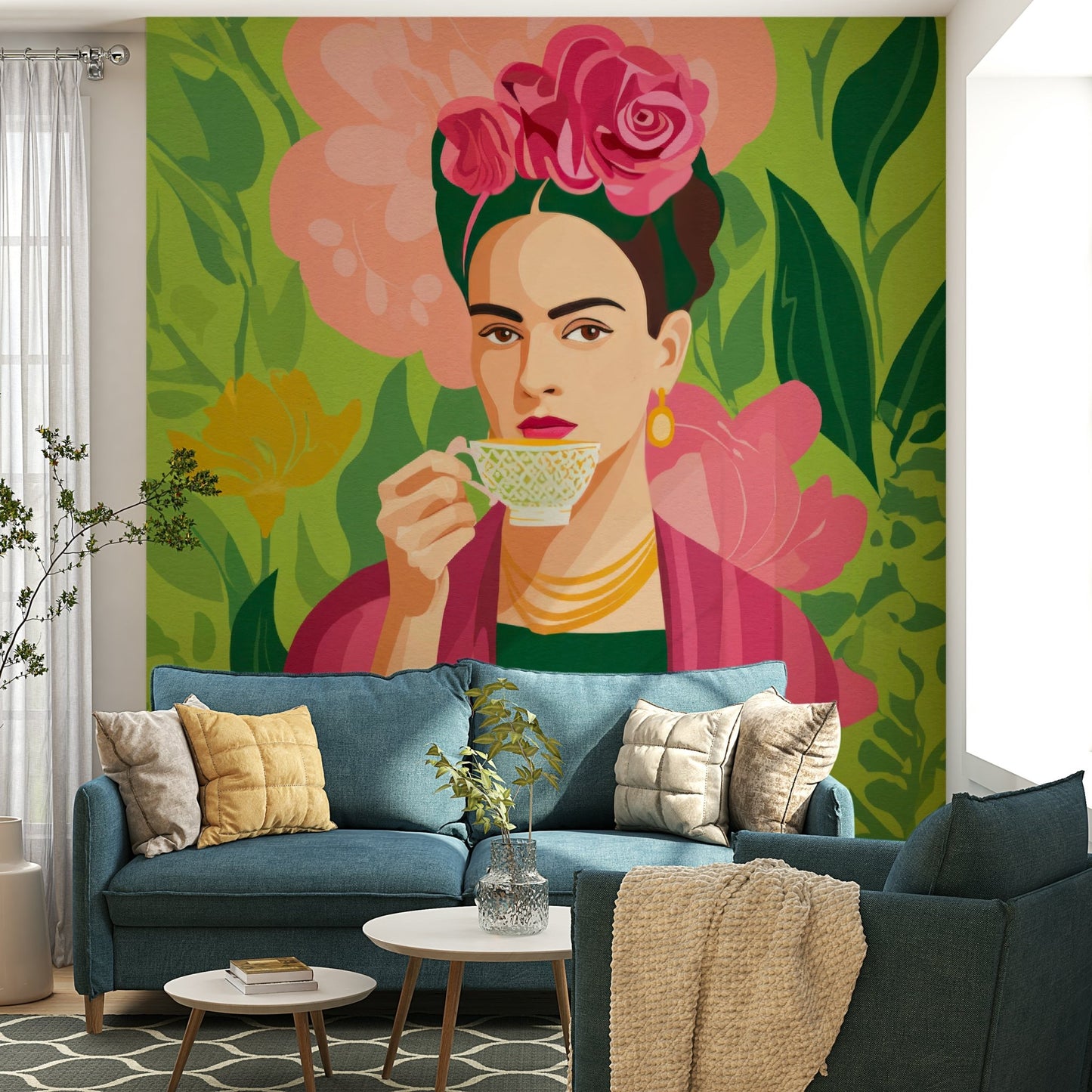 Modern room with bold floral and portrait mural


