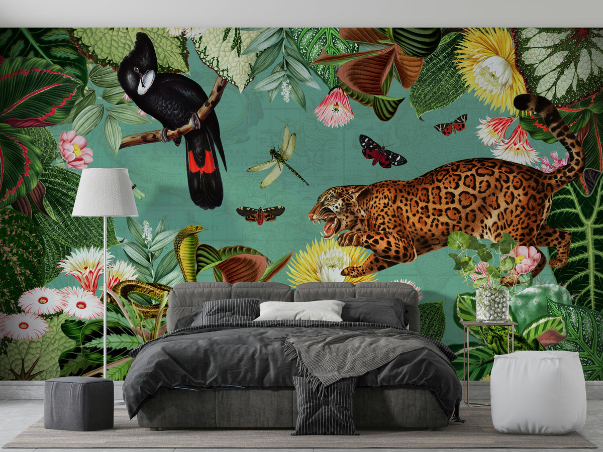Lush foliage and wildlife mural

