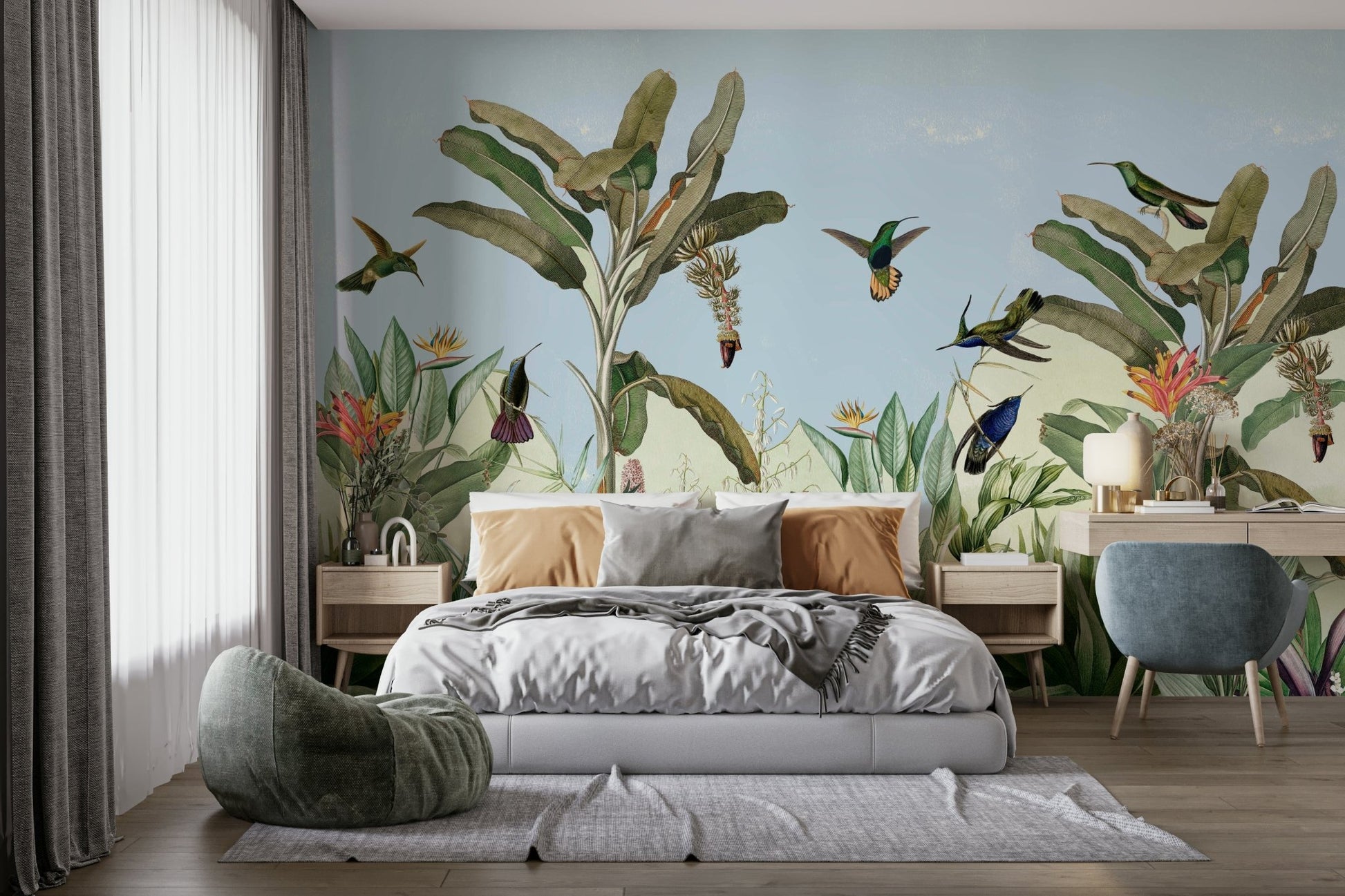 Vibrant depiction of exotic flora and fauna.

