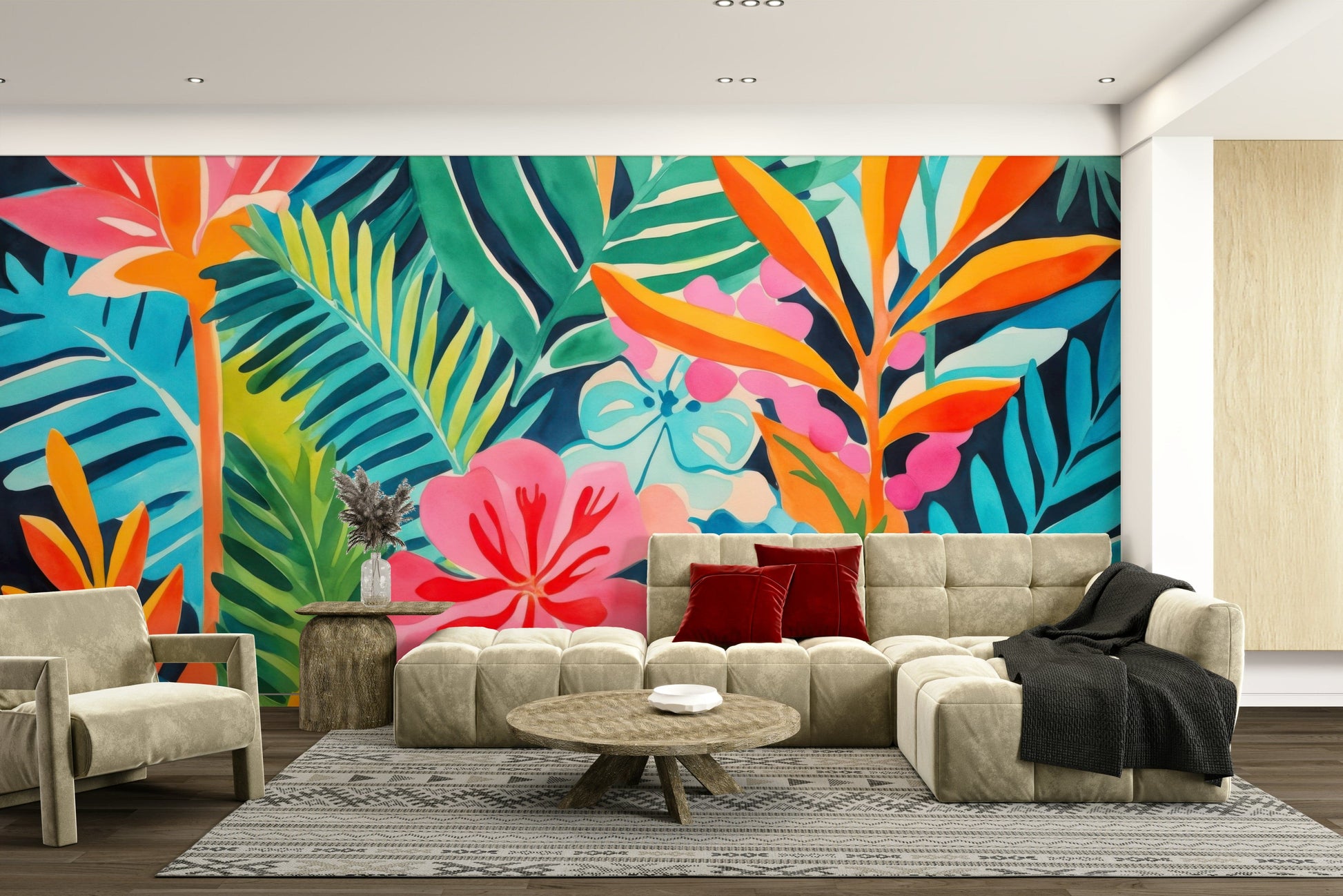 The mural gives the illusion of a window looking out onto a beautiful jungle.
