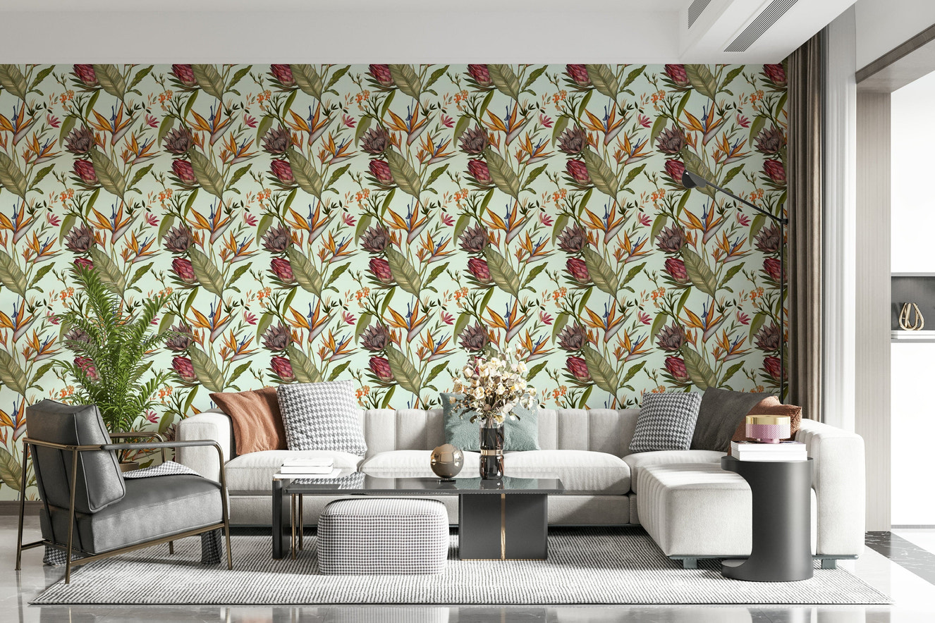 A beautiful lush botanical wallpaper mural with exotic leaves.

