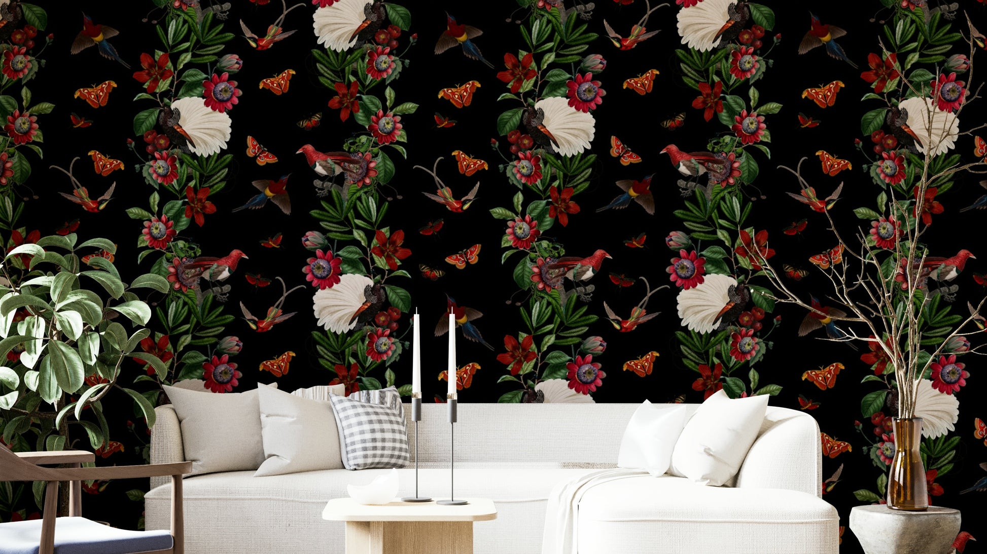 Lush greenery and exotic flowers in a tropical night-themed wallpaper

