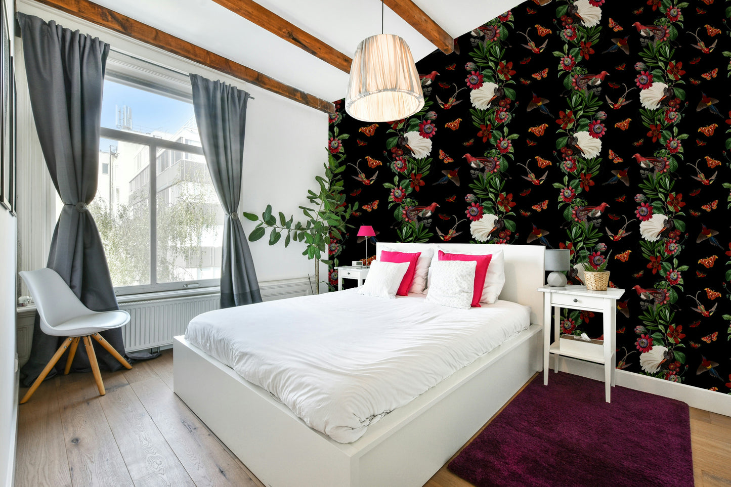 Deep colors and tropical foliage in Exotic Nights wallpaper design

