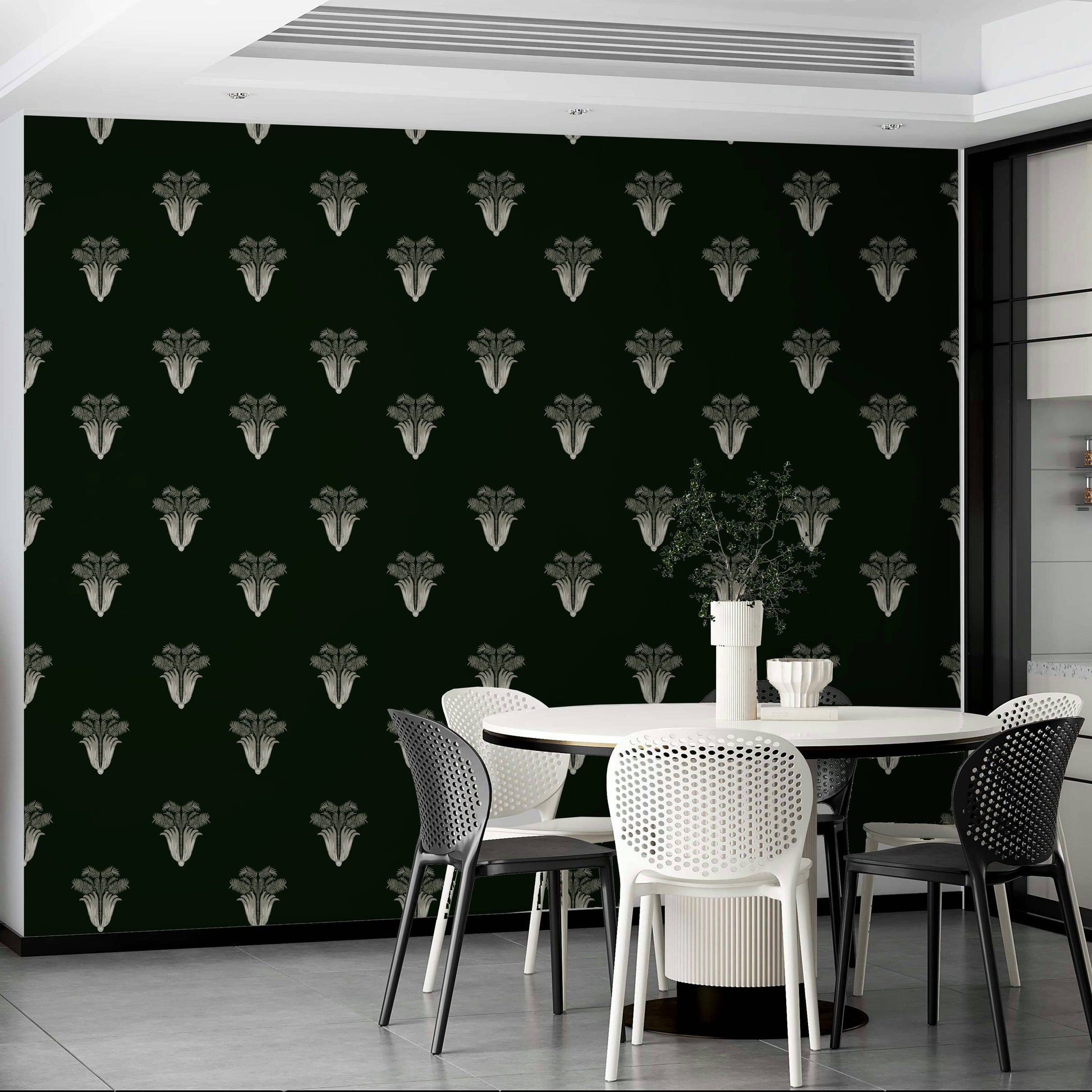 The peel and stick wallpaper on a smooth wall surface.