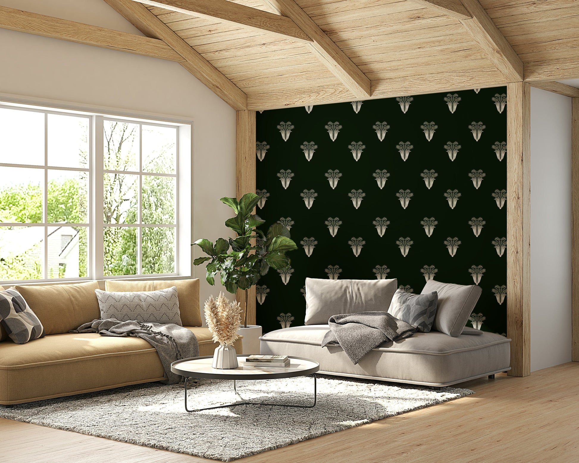 A detail shot of the elegant lines in the wallpaper.