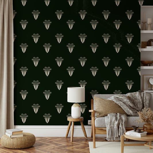 A beautiful, modern living room with an exotic noir mural.
