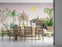 Exotic mural with a majestic elephant surrounded by lush foliage and peacock feathers