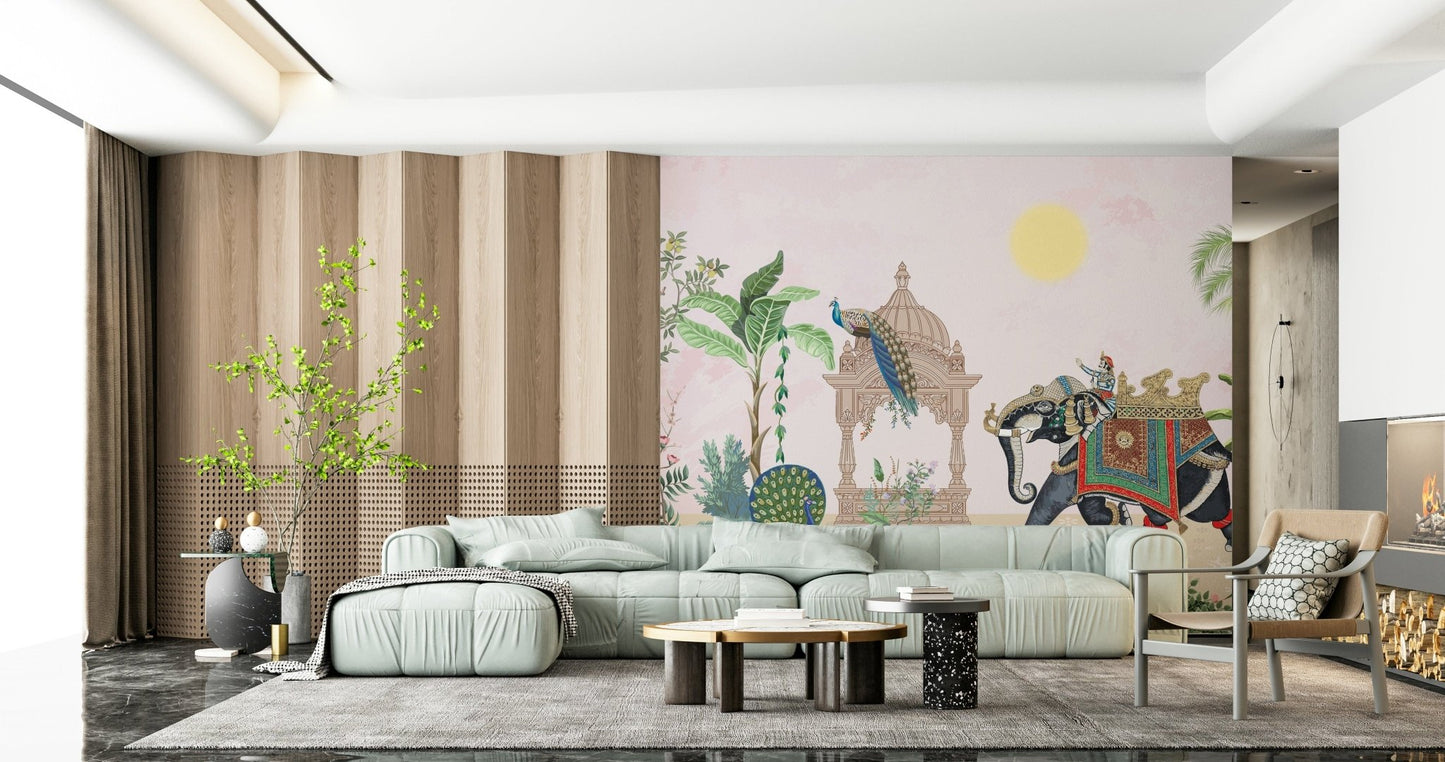 Detailed wall mural showcasing a colorful peacock perched on an elegant elephant
