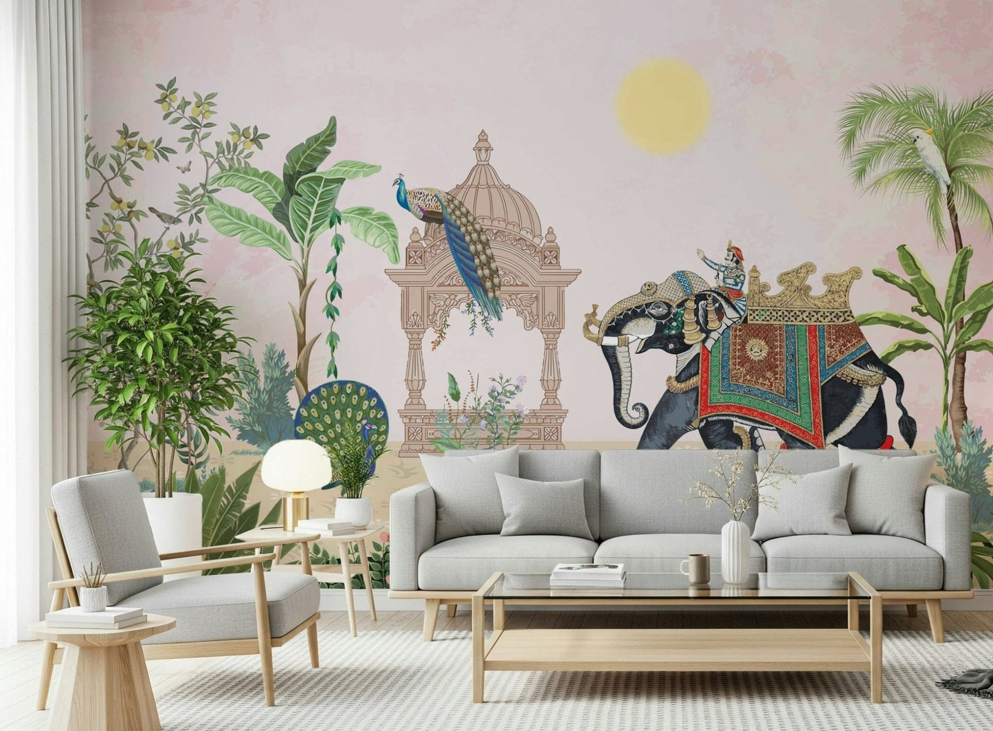 Nature-inspired wall art showing a detailed elephant with vibrant peacock accents