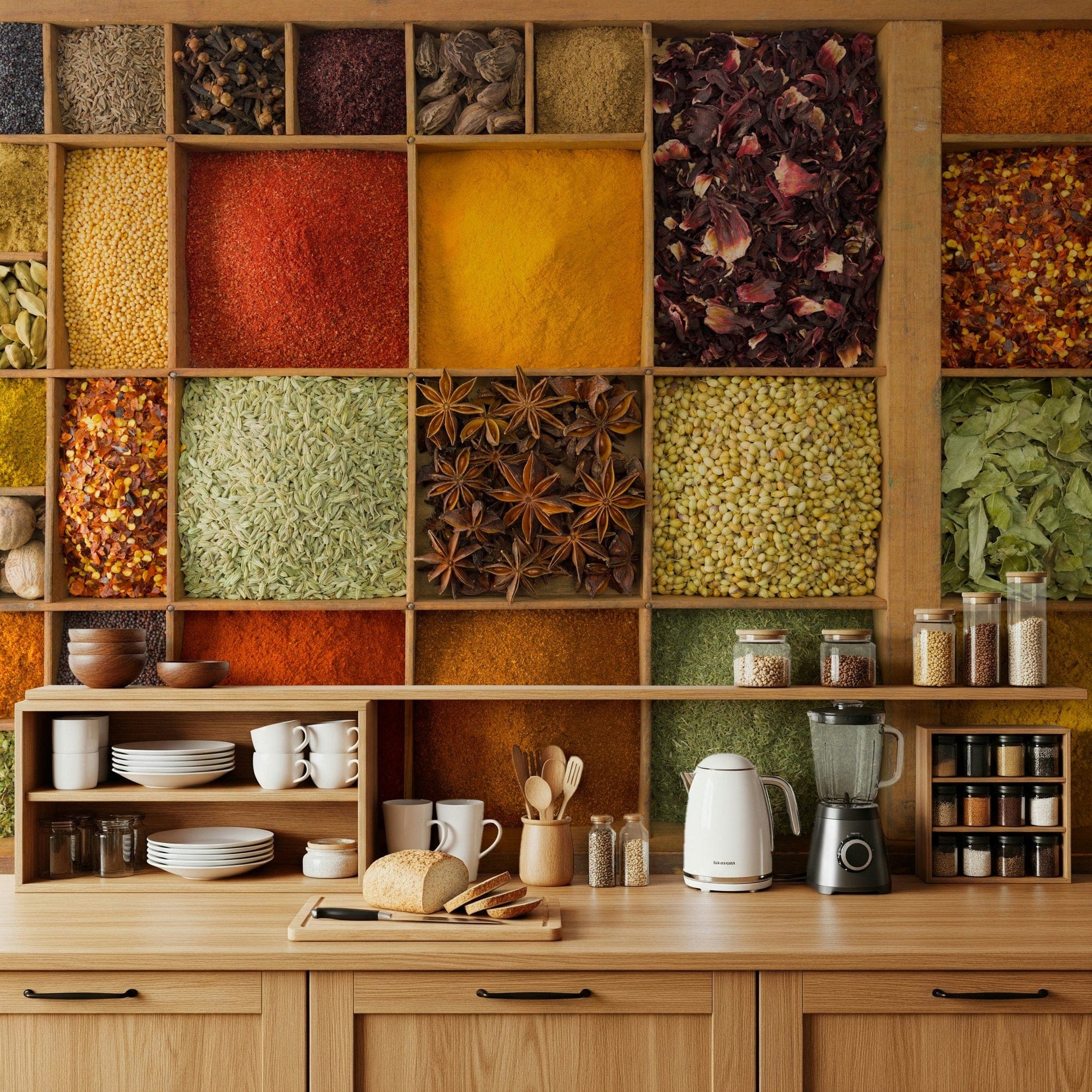 Exotic Spice Collection wallpaper mural in a wood kitchen with a kettle, blender and spice jars